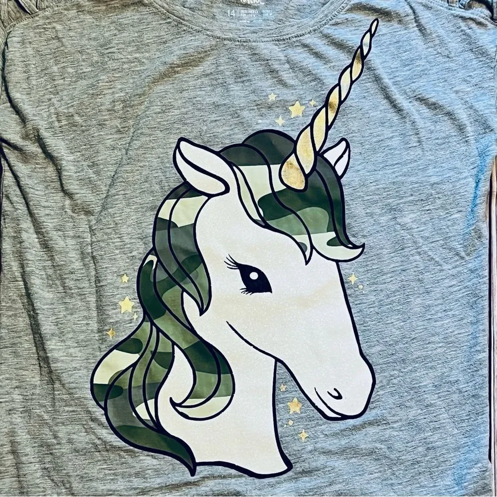 Justice Girls Size 14 Unicorn Graphic Crisscross Shoulder 3/4 Sleeve Top